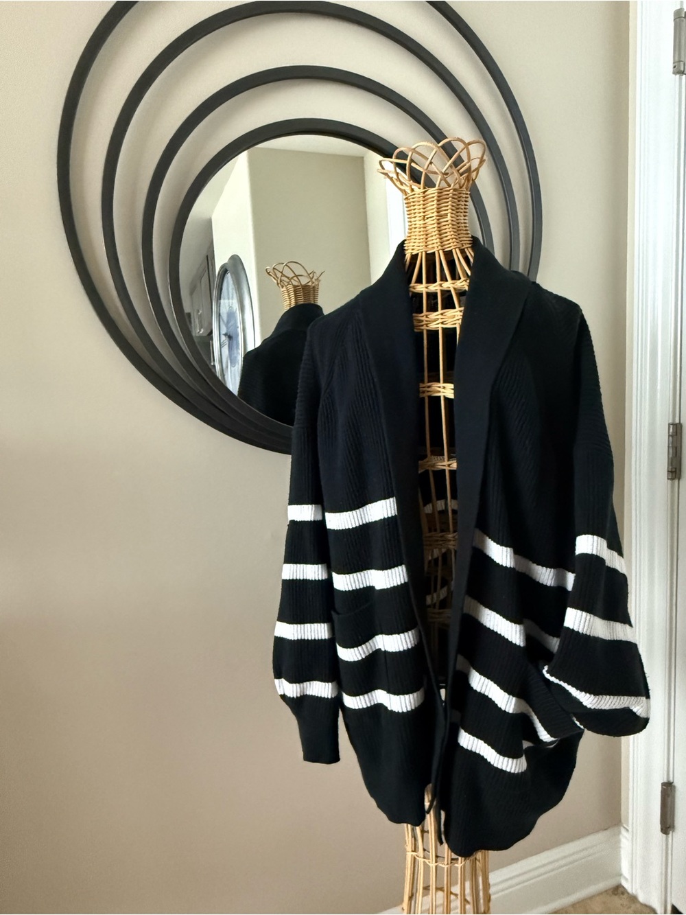 a new day Black Cardigan with White Stripes